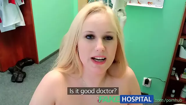 Angel Wicky, busty blonde, soaks up the doctor's table in fake hospital POV