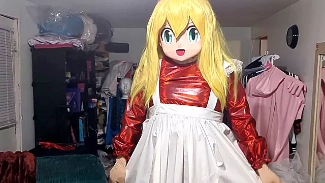 Sexy blondie indulges in layered breathplay costume play with holographic PVC dress