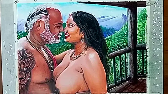 Sensual artistic depiction of stunning Indian beauty on honeymoon with father-in-law at tropical spot