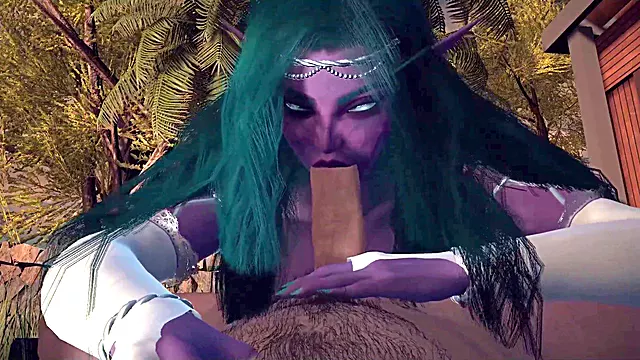 Night elf temptress seduces you with a sensual blowjob in the garden - 3D erotic animation