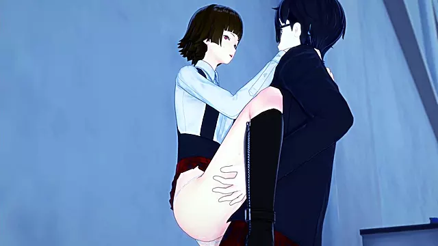 Naughty Makoto from Persona 5 craves to have fun with Ren's meaty sausage